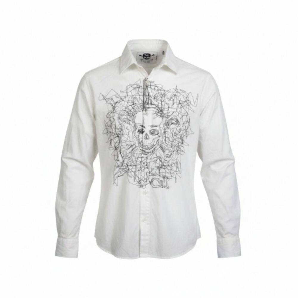 Cult Button Down Collared Skull Art Graphic Men's White Shirt Size XL